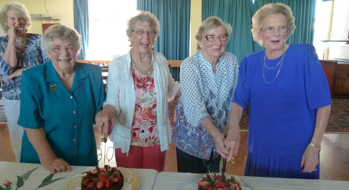 Celebrating their 90th birthdays are Bermagui Country Club sewing group members (from left) Leone Fitchett, June Carnegie, Joy Reynolds and Thelma Cave.