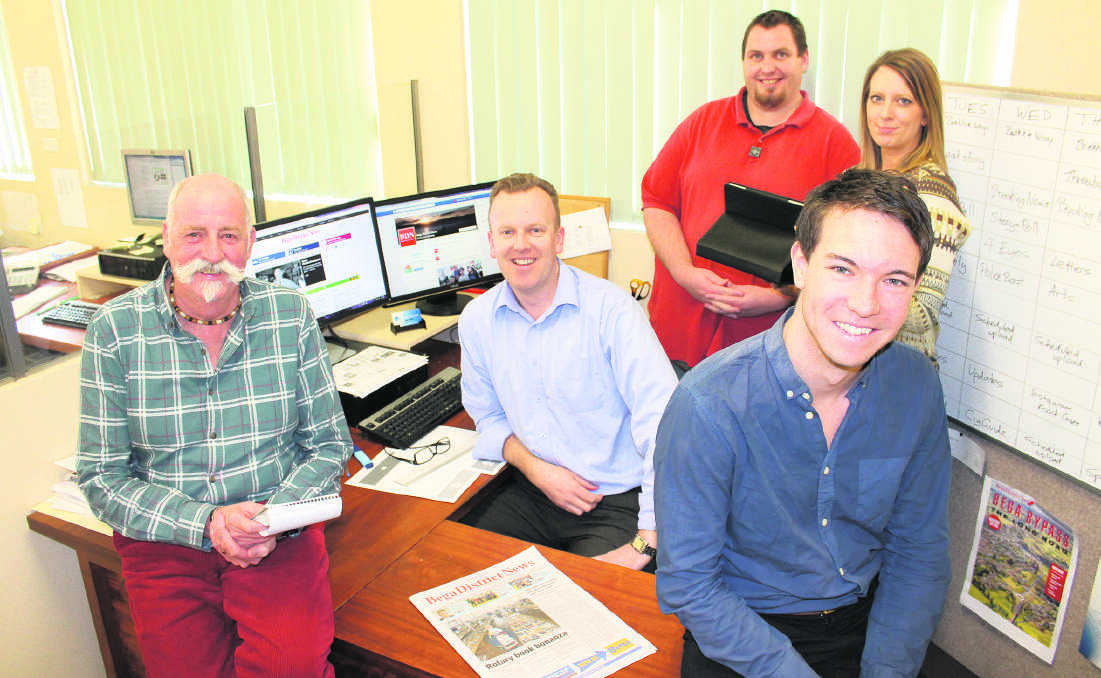 Excited about the growth of the Bega District News’ online presence and Fairfax Regional Media’s NewsNow project are BDN staff members (from left) Gary Etcell, editor Ben Smyth, Jacob McMaster, sales manager Aimee Hay and Albert McKnight.