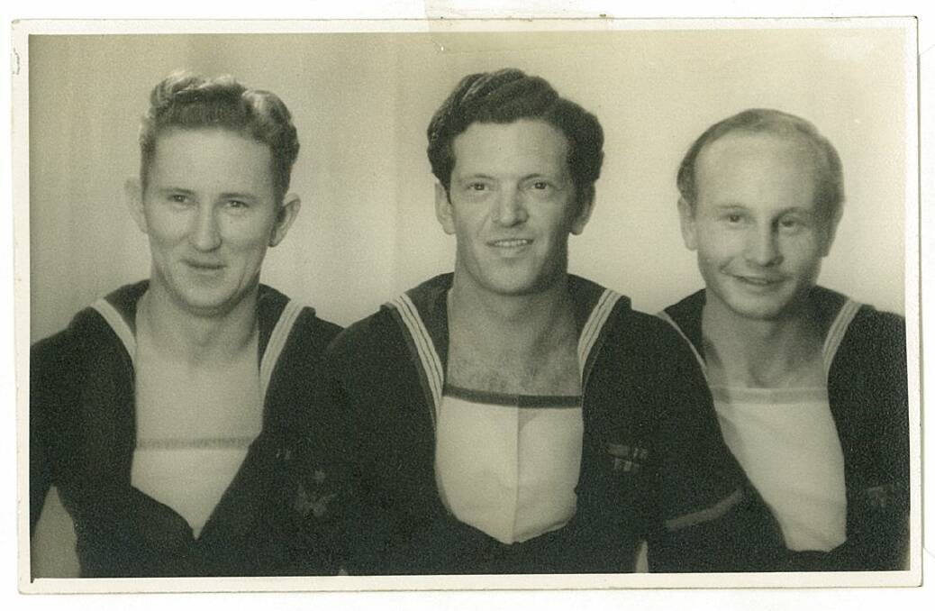 Frank Wintle (left), Max Turner and Geoff Wallace, who met at the Lae port directorate during World War 2.