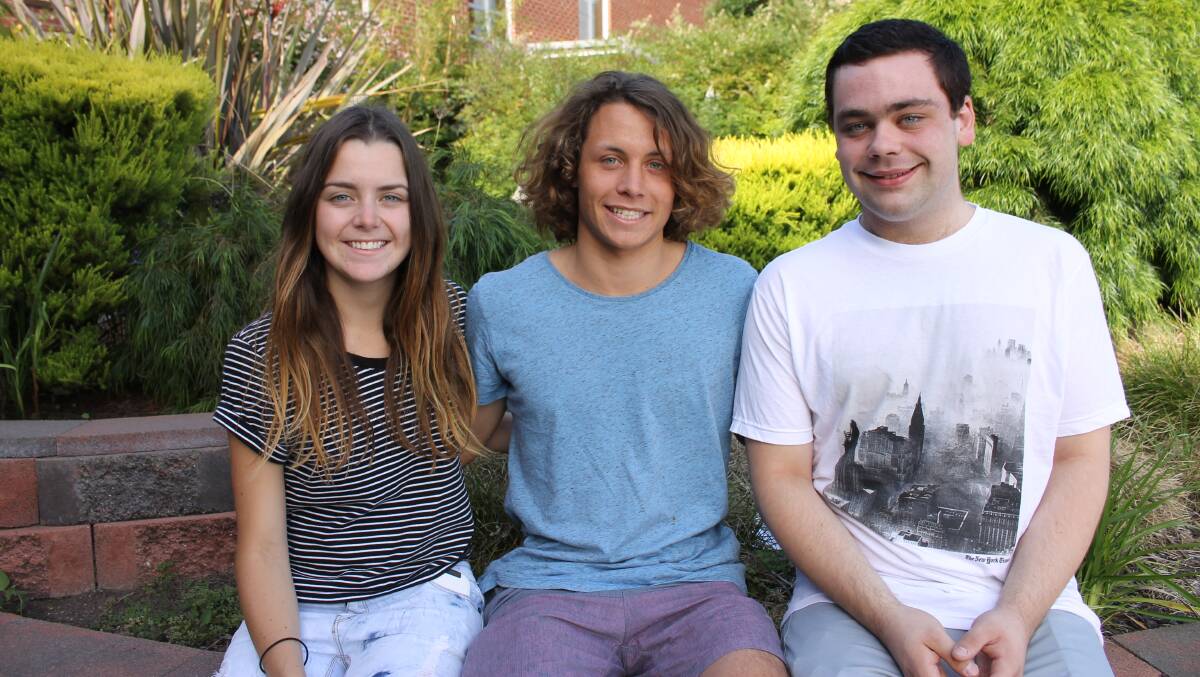 Bega High School’s newly graduated students, (from left) Ellie Walsh, Nelson McLeod and Tas Fitzer, meet up to celebrate their ATARs.