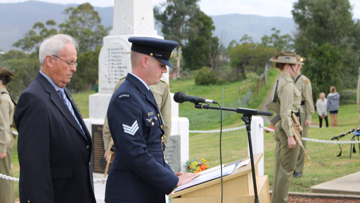 Sgt. Russell Bennett gives the ode at the Bemboka Anzac Day commemorative service.