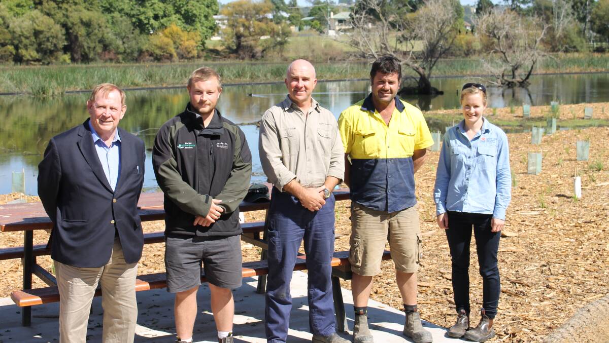 At the opening of Kiss’s Lagoon’s eastern foreshore are (from left) Bega Valley Shire Mayor Michael Britten, coastal management officer Kyran Crane, Cliff Shipton of the BVSC, Scott Dowdle of GDB Excavations and Landscaping, and Shannon Brennan of the South East Local Land Services. 