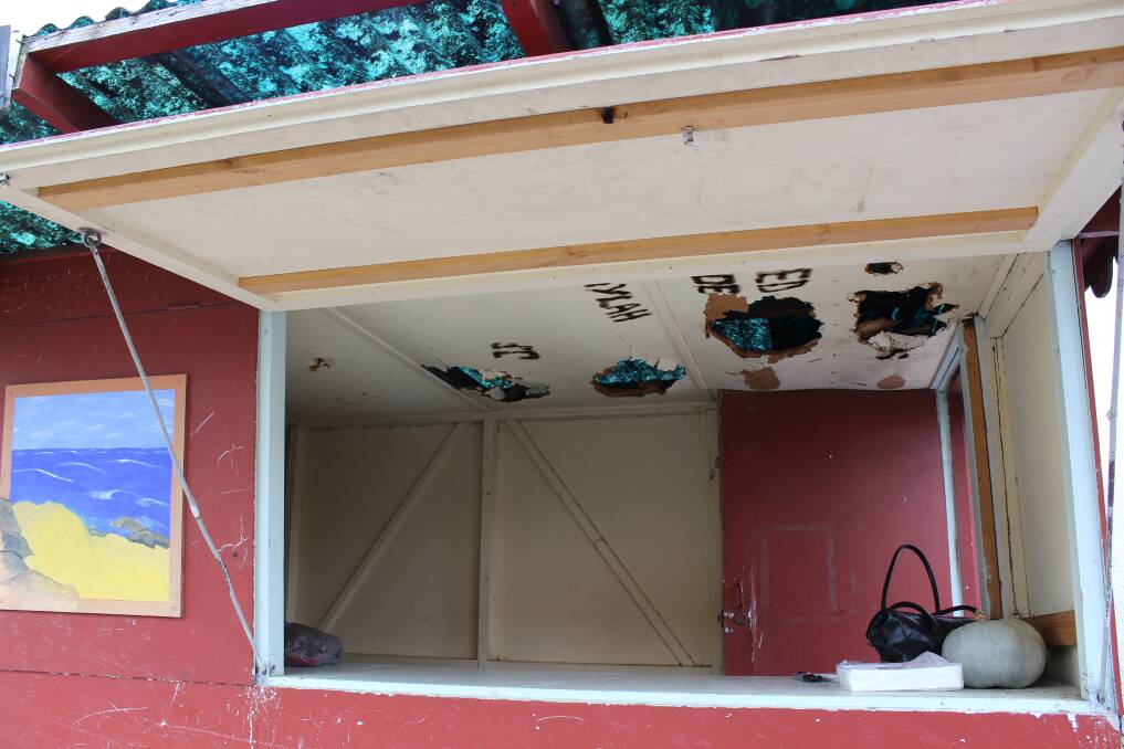The kiosk on Church St, Bega, where graffiti and holes in the roof can be clearly seen. 