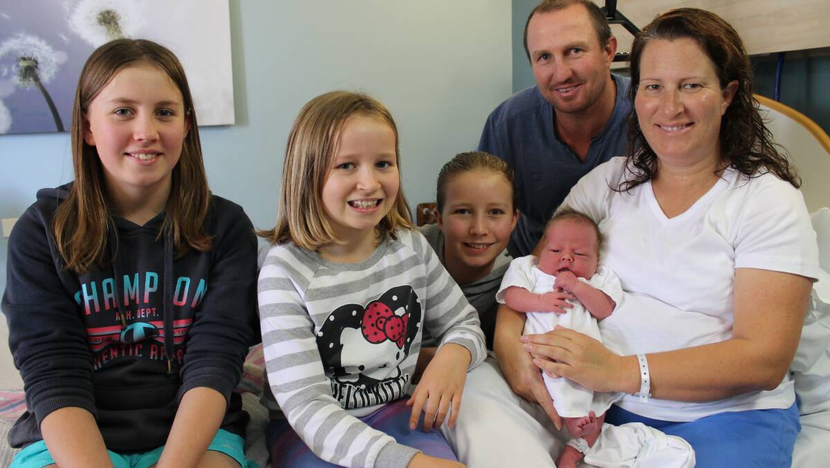 Celebrating the birth of Anthony Craig O’Meara at Bega Hospital are (from left) his sisters Sophie, Ivy and Ruby, with his parents Craig and Julie.