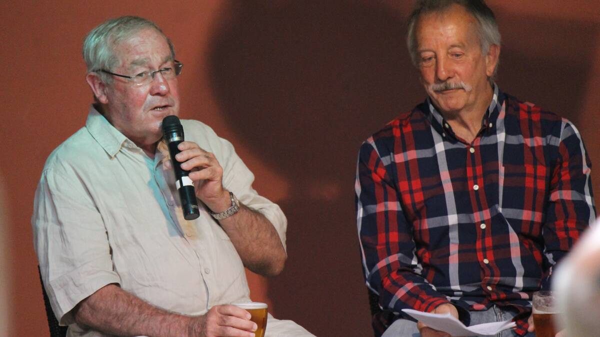 Roy Masters (left) is interviewed by Gary Pearse at the Bermagui Beach Hotel. 