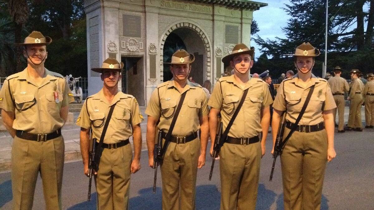 The catafalque party from 4 Combat Engineers Squadron 5 Engineers Regiment (from left) Lance Corporal Gordon, Corporal Perry, Sapper Mayo, Sapper McFarlane-Roberts and Sapper Lippmeier at the Bega Anzac Day dawn service.