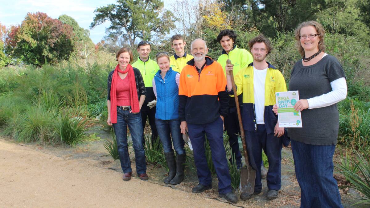 Preparing for Sunday’s Bega River Day are Alison Rodway - BRAWL, Shannon Brennan - South East Local Land Service, and Vickie Goldsmith - BRAWL community coordinator, with Green Corps team leader, Guenther Meessmann (front) and team members (back, from left) Xavier Smith, Ryan D'Arnay, Tyler McCoullough and Tommy Weatherall.