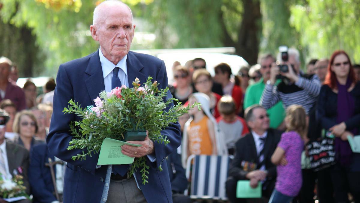 Barry Stoney lays a wreath at the 2014 Anzac Day service in Bega. Mr Stoney died on April 20, 2015.