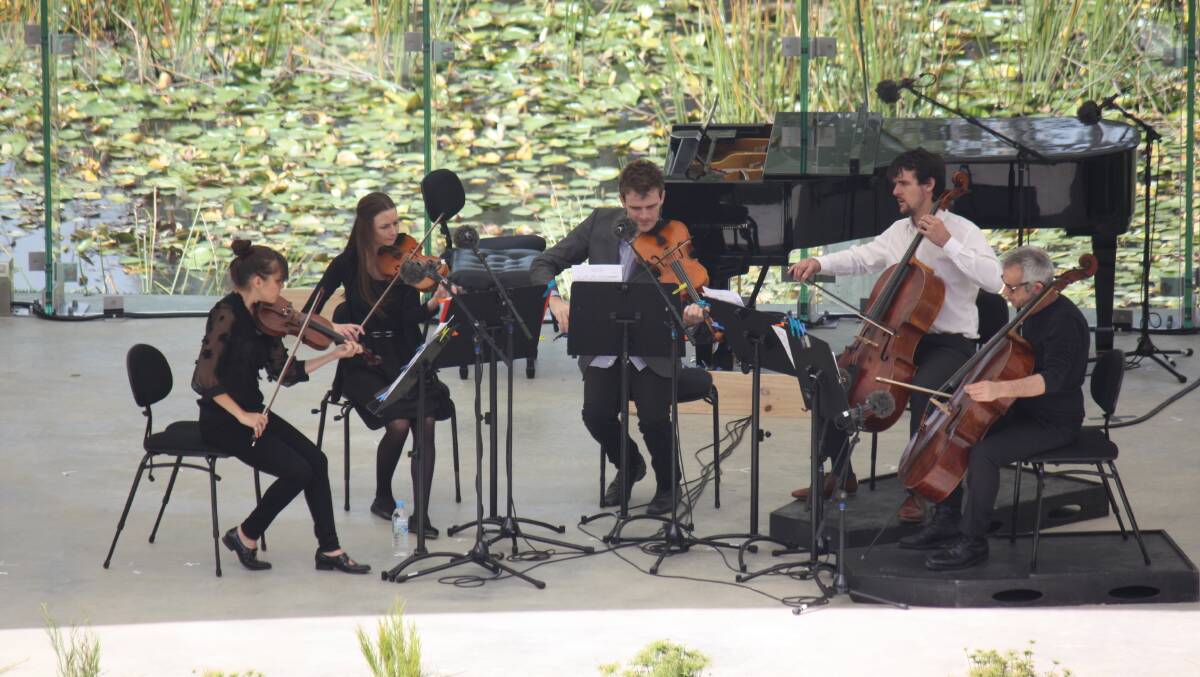 The Auric Quartet and cellist Giovanni Sollima (far right) perform during the weekend’s Four Winds Festival near Bermagui.