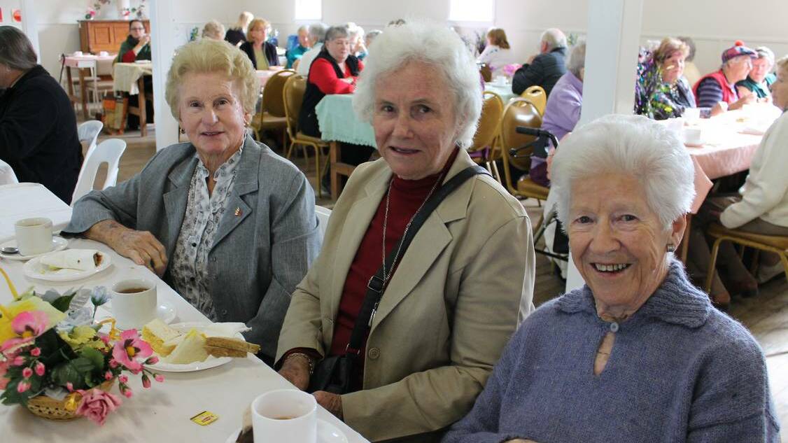 Marcia McGregor, Del Jane and Betty Hetherington enjoy scones and sandwiches at the 2014 Brogo Hall Biggest Morning Tea.