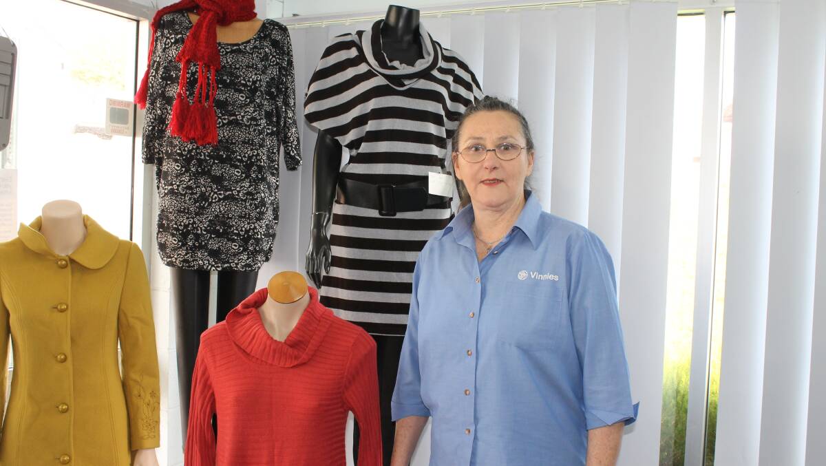 Store manager of Bega Vinnies Mary Nugent with a display of clothing. This week is National Op Shop week and St Vincent de Paul is asking Australians to donate quality used clothing to their nearest store.