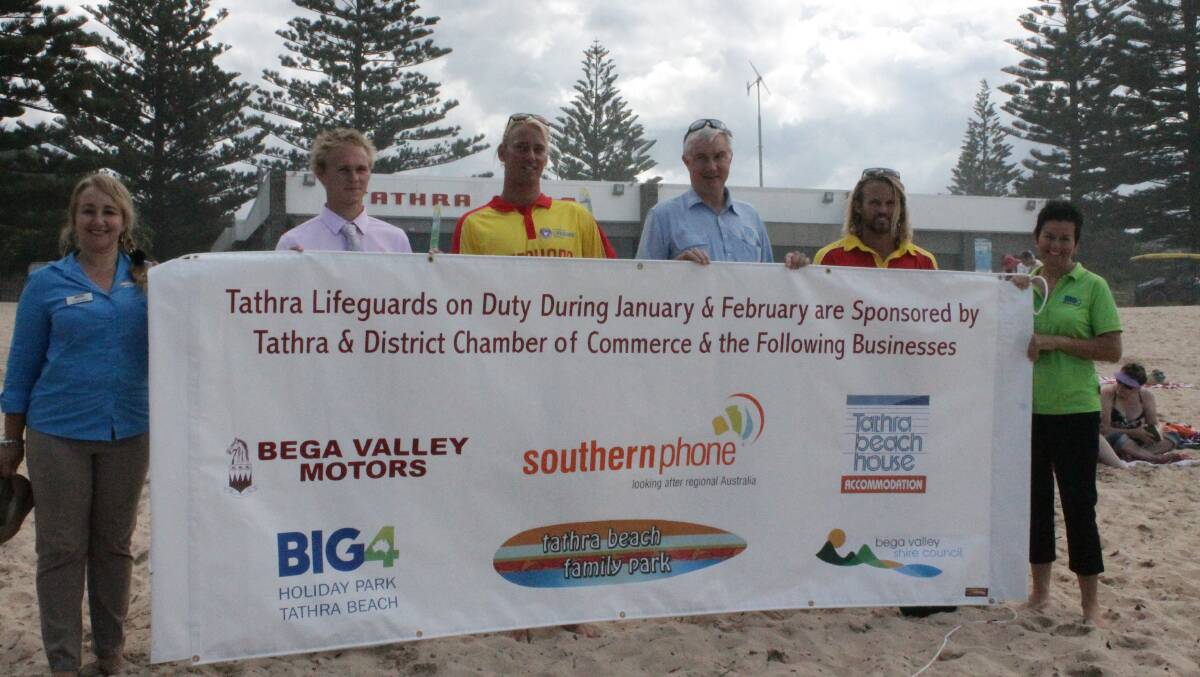 Celebrating the extension of a paid lifeguard service at Tathra through February are Tathra Beach Family Park manager Carmen Risby, Jason Buttgereit of Bega Valley Motors, Tathra Beach Holiday Apartments owner Rob White, lifeguards Mitch Van Der Meulen and Shayne Rettke, and BIG4 Tathra Beach Holiday Park owner Kerry McKay.
