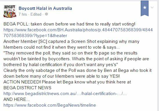 The call to action from a Boycott Halal Facebook page, clearly missing the point of our "reader poll" and the reasons for its closure.