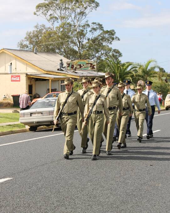 Officer cadets from the Australian Defence Force Academy march in the Bemboka Anzac Day parade.