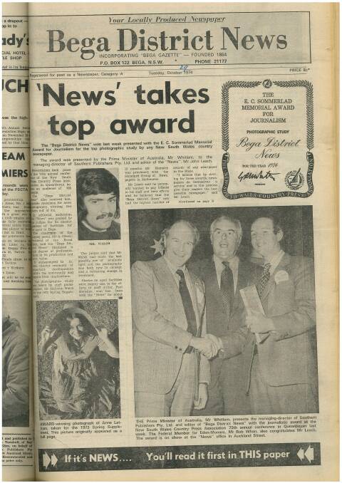 Front page of the Bega District News, October 29, 1974, featuring then-Prime Minister Gough Whitlam presenting a journalism award to former BDN editor John Leach (right).