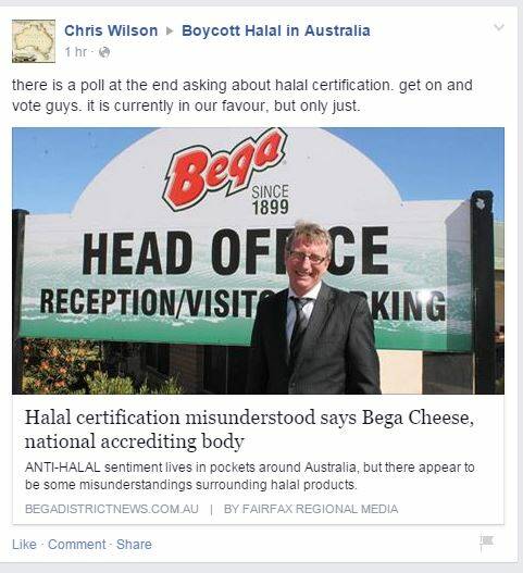 This post on the Boycott Halal in Australia Facebook page was posted at 3.37pm, with a resulting landslide of votes.