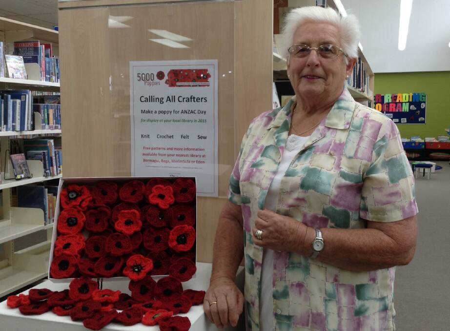 Local knitter Doreen Elliott has created over 100 poppies so far for a Bega Valley Shire Library Anzac Day project.