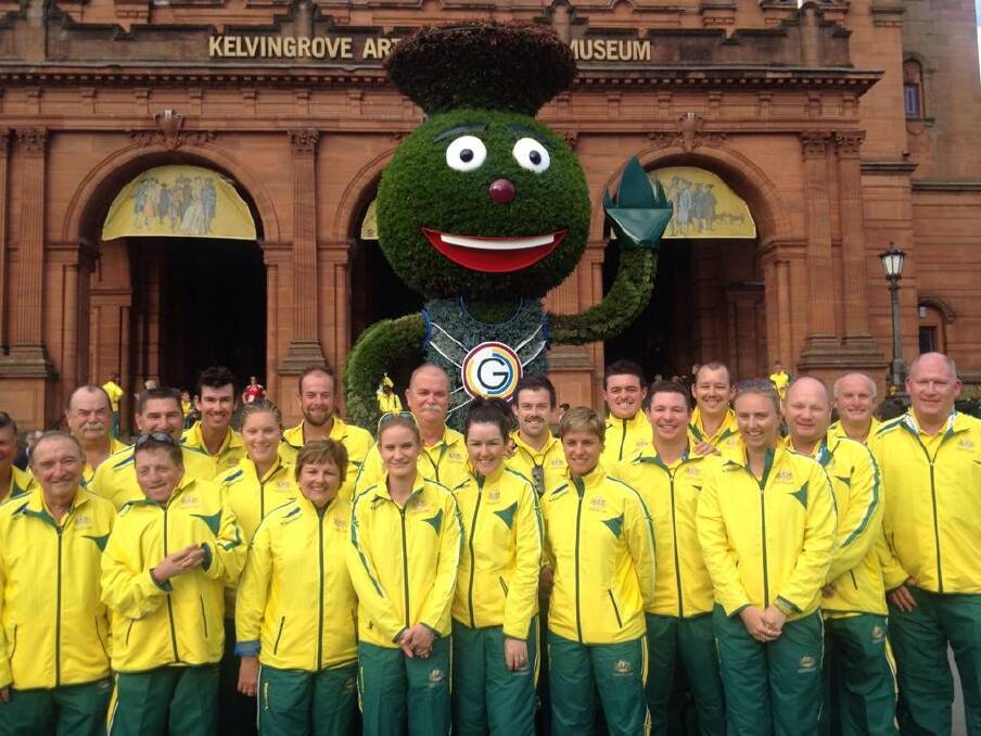 Tathra lawn bowler James Reynolds (front, second from left) with the Australian Commonwealth Games bowls team outside Kelvingrove Museum in Glasgow. Photo: Supplied.