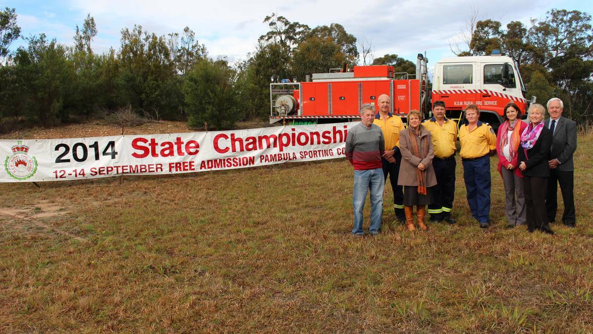 Welcoming the announcement of Pambula as the host for the 2014 RFS State Championships are (from left) Merimbula Chamber of Commerce executive member Serge Nachtergaele, Far South Coast fire mitigation officer Garry Cooper, Cr Sharon Tapscott, Peter and Robyn Reynolds of the Pambula RFS, Cr Kristy McBain, Cr Ann Mawhinney and Mayor Bill Taylor. 