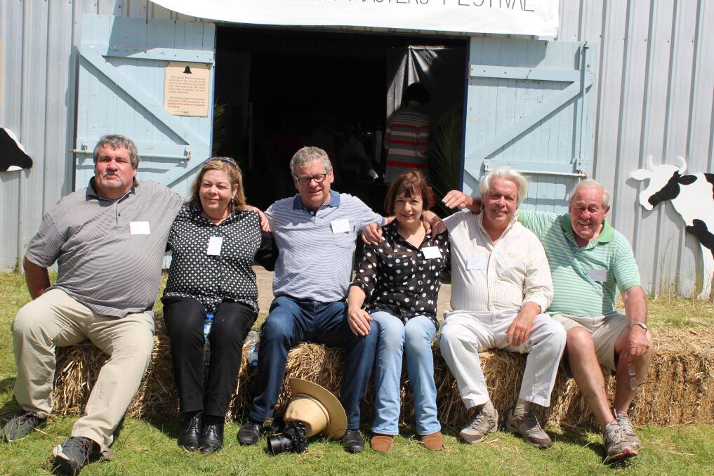 Olga Masters’ children in front of the Cobargo Showground pavilion (from left) Quentin, Sue, Chris, Deb, Ian and Roy.