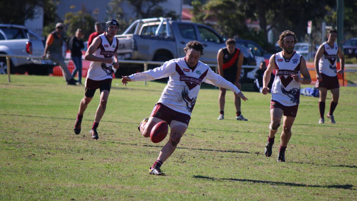 Tathra skipper Luke taylor, pictured winding up a kick against Bega last week, will lead the troops against the Merimbula Diggers in the preliminary final. 