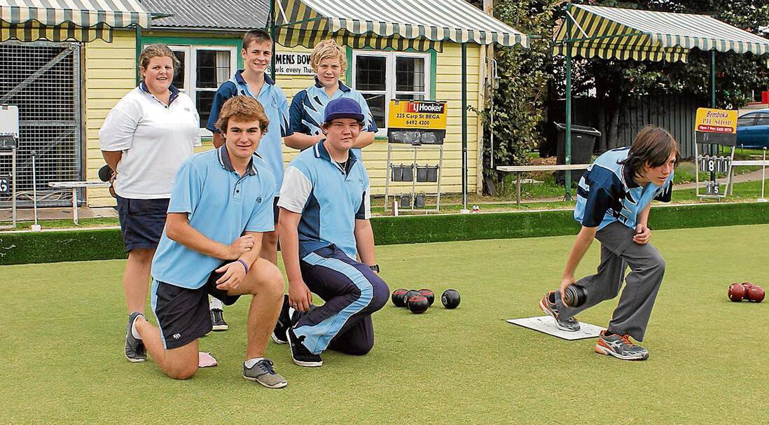 • Bega High and Bombala pupils enjoying a round of bowls at Club Bega on Wednesday are (back, from left) Sammie Smith, Dylan Elton, Blake Stevenson, (front) Lachlan Gordon, Bruce Limb and (bowling) Nathan Devine. 