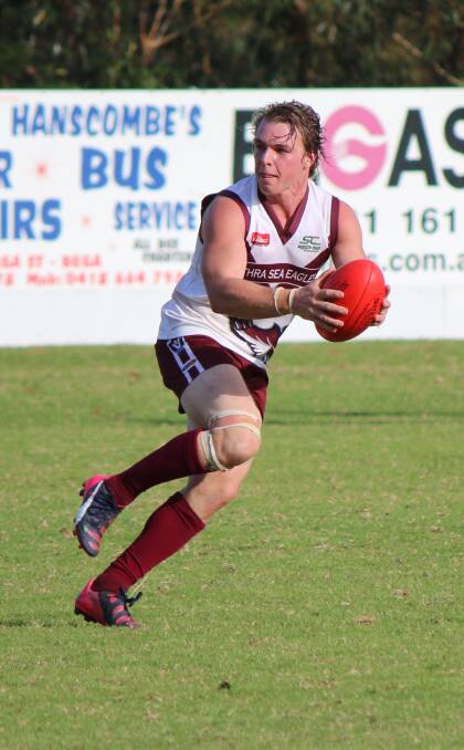 • Sea Eagle Jason Ainsworth checks over his shoulder when the club last met the Pambula Panthers. Ainsworth will be a benchmark for the Eagles in the midfield. 