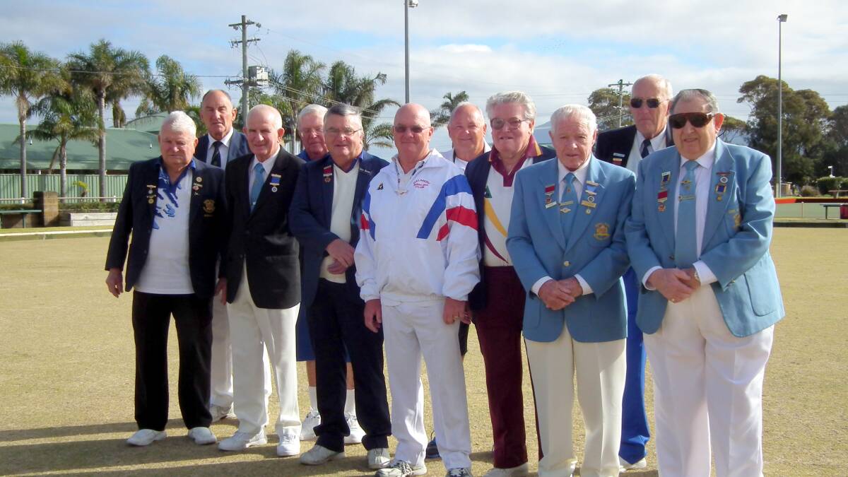 • ABOVE: Celebrating 50 years of the Bermagui men’s bowling club are (from left)  Geoff Parsons, Tony Millard, RNSWBA president Vince Beard, Warren Bender, CSCDBA vice-president Gary Beves, Garry Lavis, Allan Etheredge, Paul Ubrihien, zone councillor Hilton Sutton, Ross Hardy and Des Anderson.