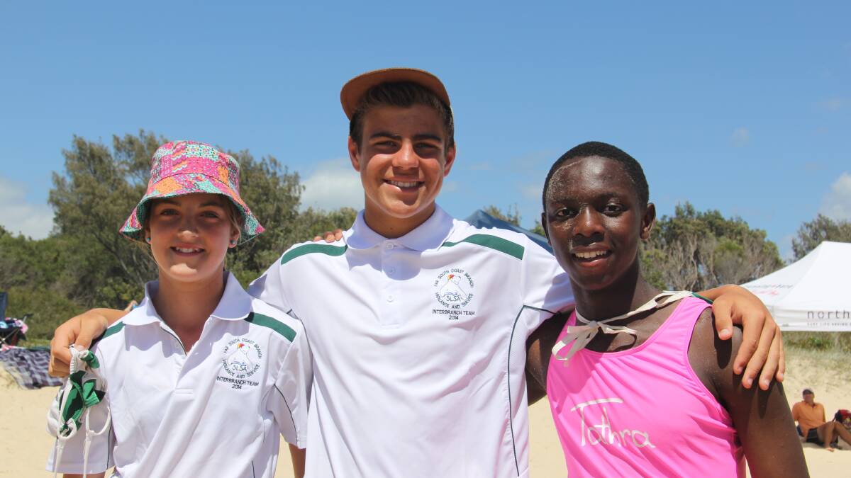 • Far South Coast competitiors catching up on the beach during the Interbranch championships are (from left) Hannah Byrne, Turi Hides and Leonard Chihumbiri.