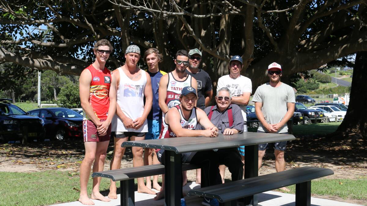 • Gearing up for a jog on the beach ahead of the Sea Eagles Christmas party are (back, from left) Dean Gartside, Ricky Woods, Cam Burns, Reggie O'Loghlin, “Webby”, Lee Manning, Troy O'Loghlin, (front) Luke Taylor and John Stafford.
