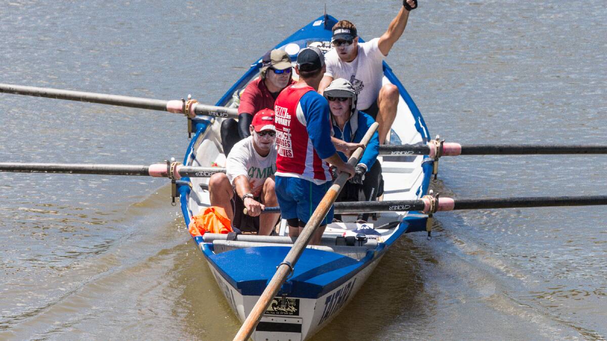 Rowers from Tathra head down the Murray River as the only surf boat team entered in the 404km Massive Murray Paddle this week. Photos courtesy Mark Dadswell.
