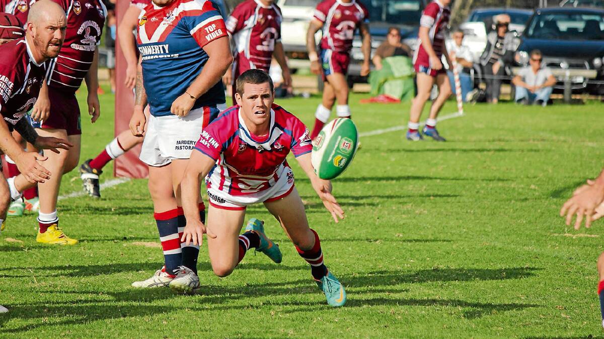 • Bega Rooster Grant Jessop gets low to fire off a pass during a match against the Sea Eagles recently.