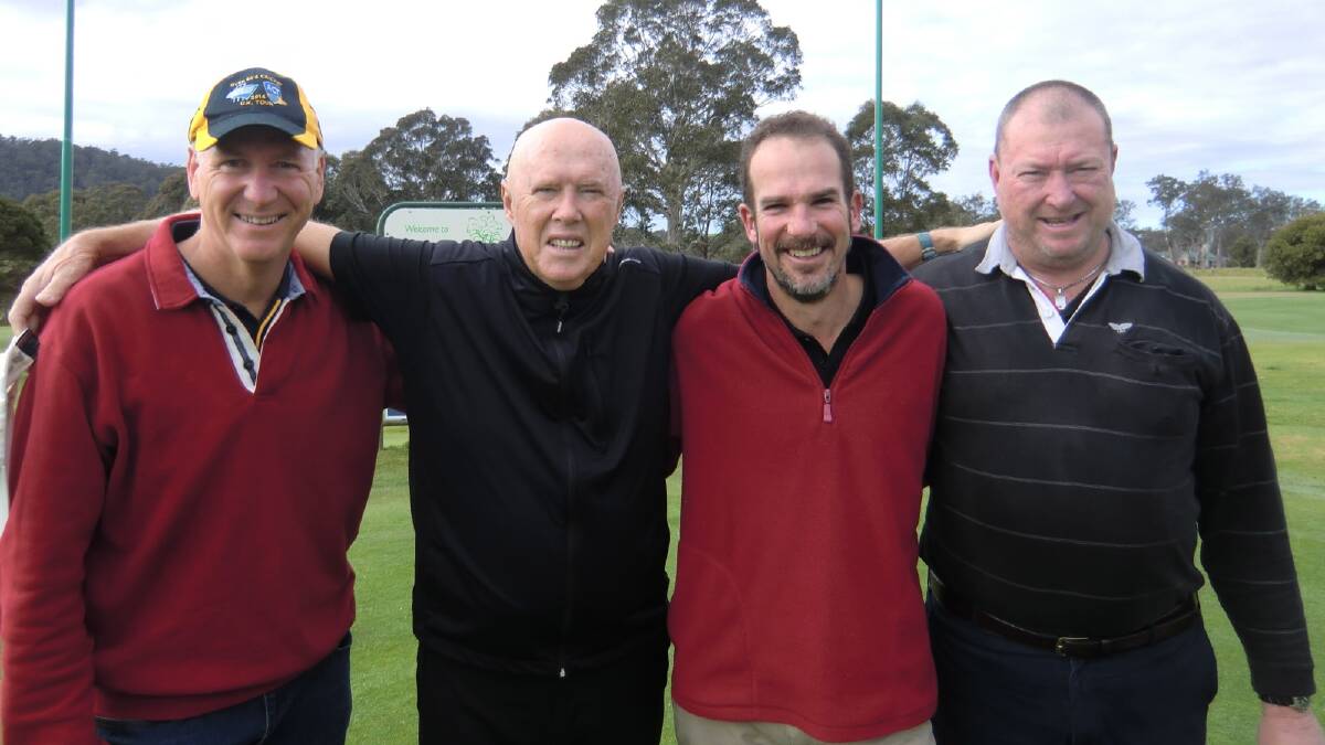 • Playing a round of golf before the celebrations are (from left) John Dedman, Kerry O’Keeffe, Steve Parker and Andrew Lemon.