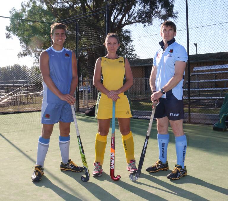 • Bega Valley hockey players training on the artificial turf of the Bega tennis courts in the lead up to state and national events are (from left) Turi Hides, Leigh Rogers and Michael Collins. 
