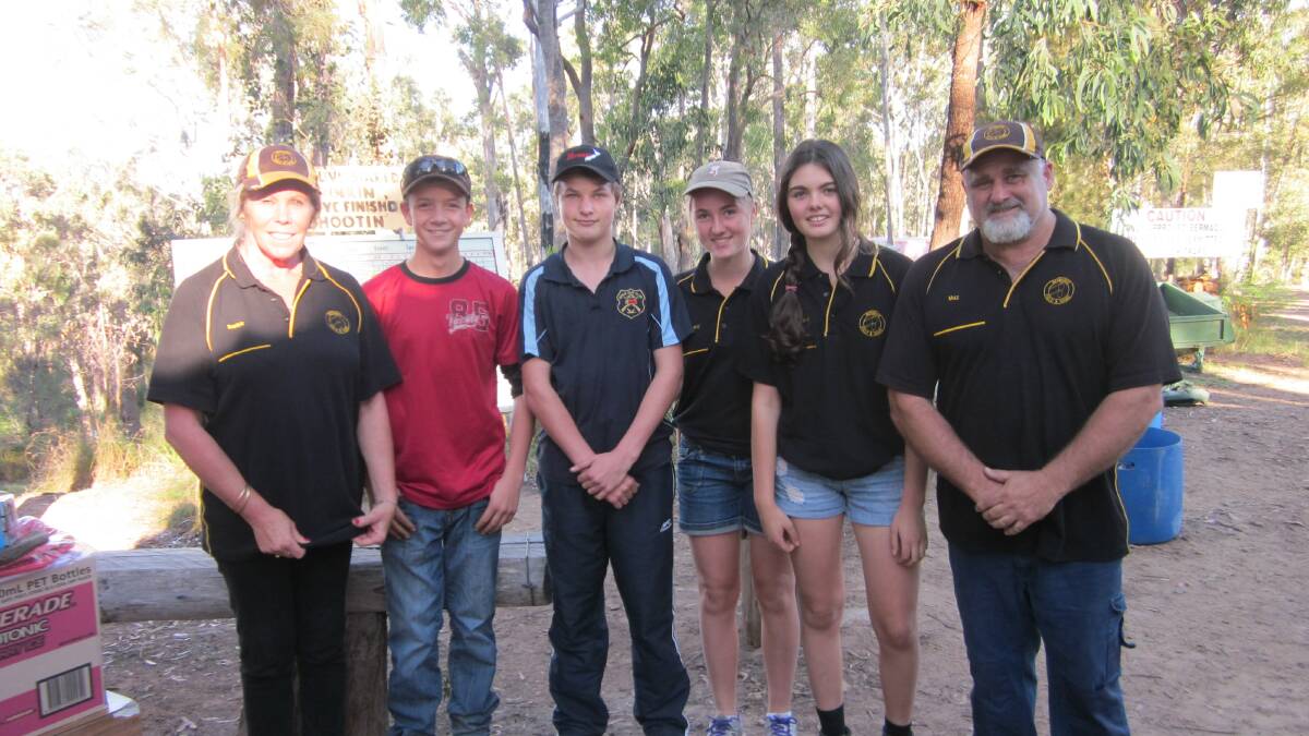 • Congratulating the junior winners at the May Bermagui shoot are sponsors Barbie Magrin (left) and Mario Magrin (right) with winners James Body, Oscar Mower and Hollie and Grace Gscwhend.