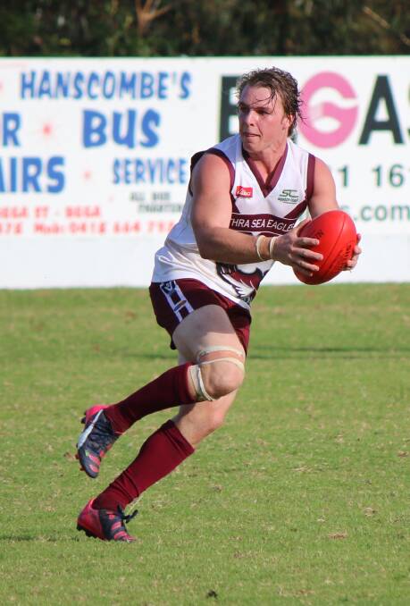 • Jason Ainsworth checks over his shoulder for opposition against Pambula last weekend. 