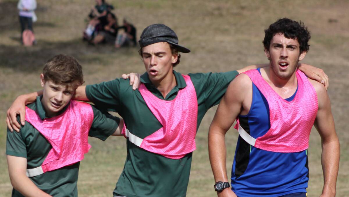 NAROOMA: Daniel Alderton, Nathan Schaefer and Luke Kingston, completing the under 18’s Boys 6 Kilometre extended Cross Country Event for Narooma High School.
