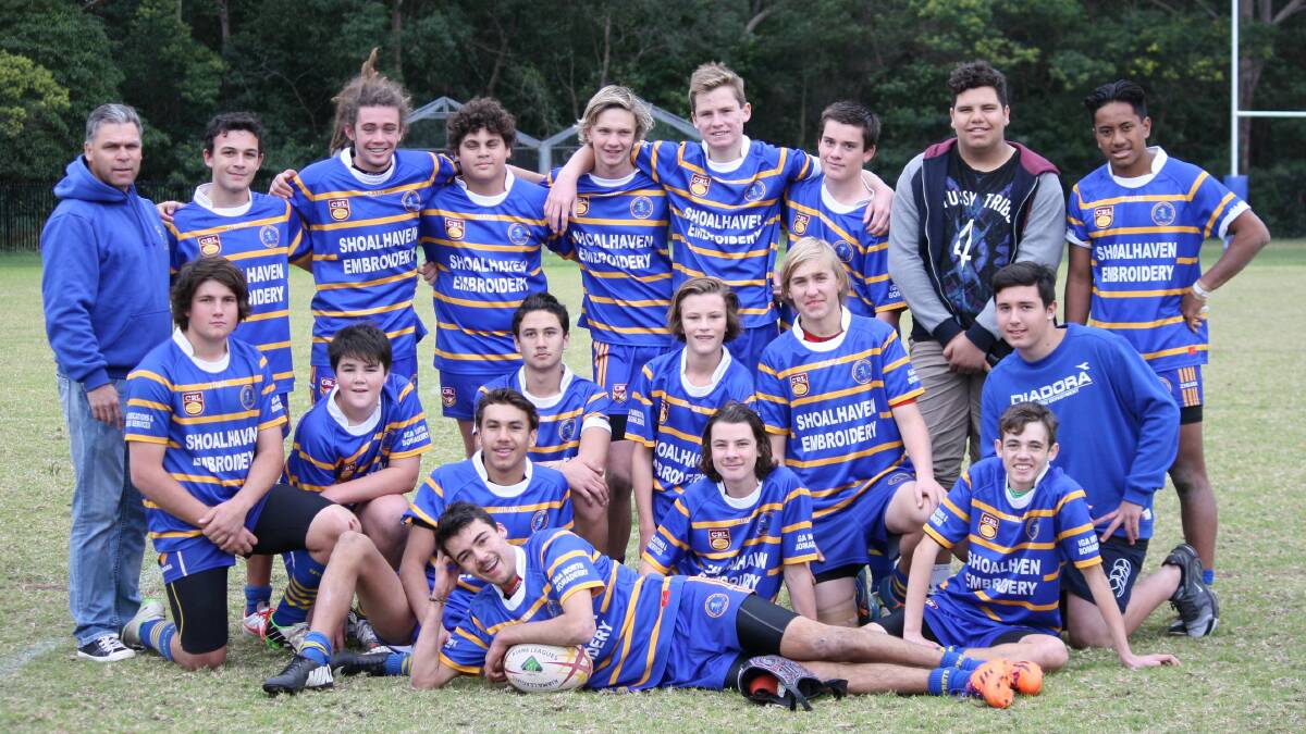 CELEBRATIONS: The Bomaderry's Swamp Rats under 15 team celebrates their 30-12 win over Warilla. They are (back) coach Andrew Wellington, Drew Gough, Jak Kiely, Jayden Booth, Nic Moffitt, Jordan Dickie, Jackson Murphy, Rory Archer, Arepa Ponga-Old, (middle) Jack Rombouts, Bailey May, Talen Stewart, Lucas Searle, Lleyton Arlauskas, Emanuel Saliba, (front) Tyson Simpson, Nathan Lymbery and Jamie King. Zac Remnant is lying on the ground. 
