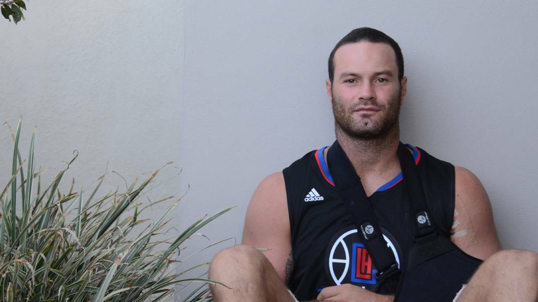 Boyd Cordner recuperating from surgery at home in Old Bar earlier this year. 