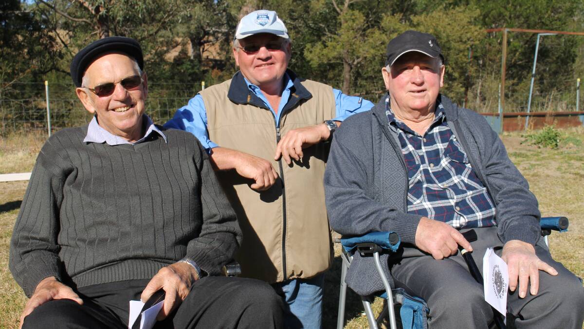 Eric Maddern (left) reminisces about the early days of the Candelo-Bemboka rugby club with John Green, who played for the Panthers, and Mickey Carpenter, who played for Bemboka. 