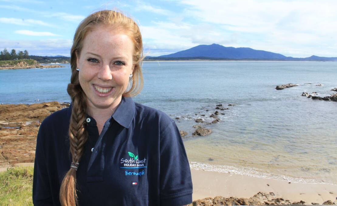 Sara Wilson of South Coast Holiday Parks Bermagui admires the view across Horseshoe Bay to Mount Gulaga.