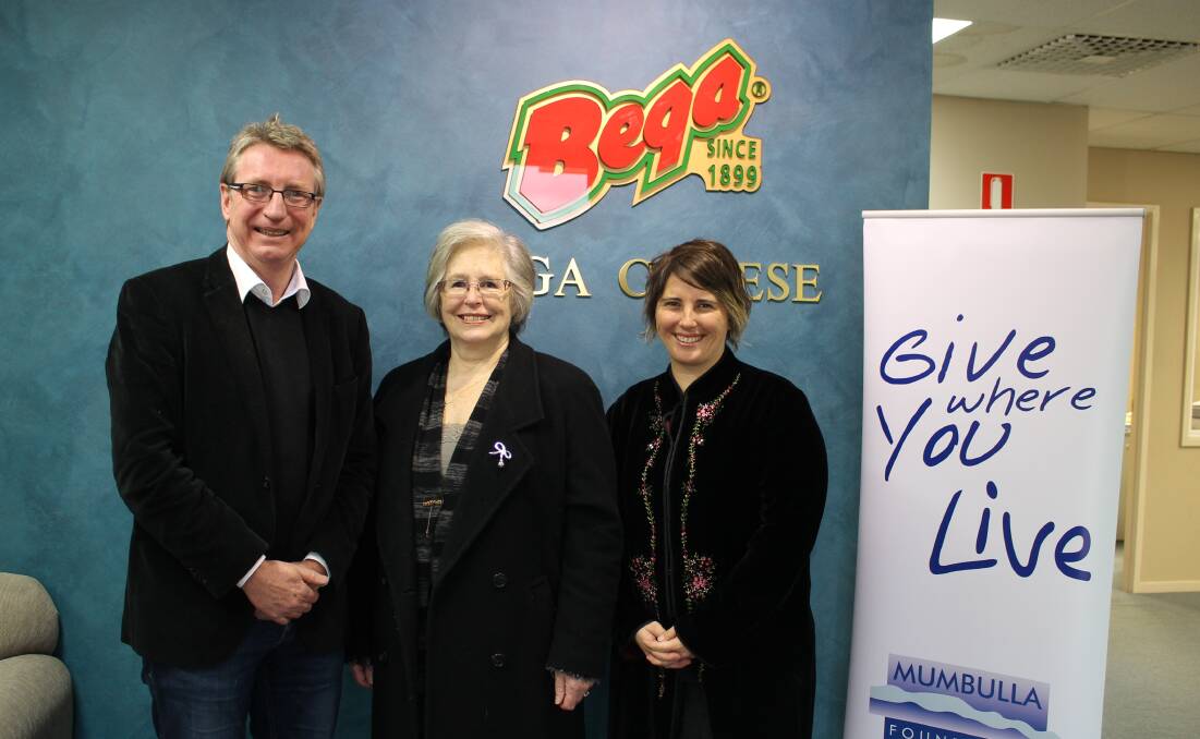 Bega Cheese executive chairman Barry Irvin confirms the company’s support for The Mumbulla Foundation’s 2014 Gala Charity Ball with Mumbulla chairwoman Olwen Morris and ball coordinator Bettina Richter.

