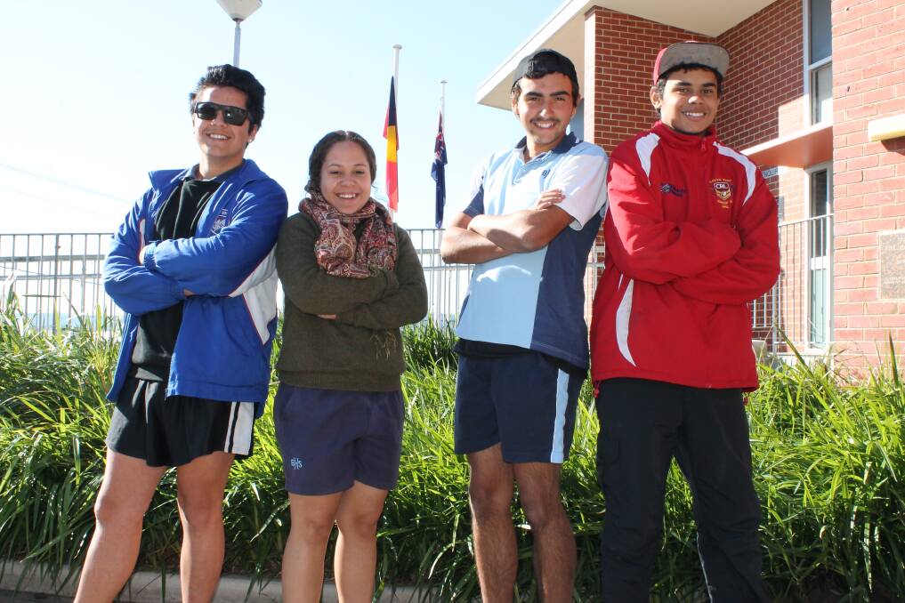 Holding a series of talks to students for National Day of Healing 2015 were Bega High School students and Junior Aboriginal Education Consultative Group members (from left) Tremaine Cotter, Kerri-Ann Perry, Lawrence Davis and Darnell Andy.