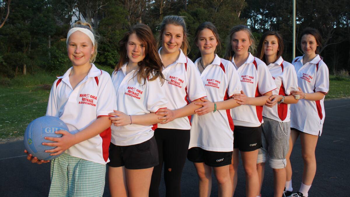 NAROOMA : Narooma netballers from left Georgie Brown, Melanie Miller, Tailem Brown, Emma Crosser, Samantha Sly, Claudia Stokes and Carmen Andrews. 