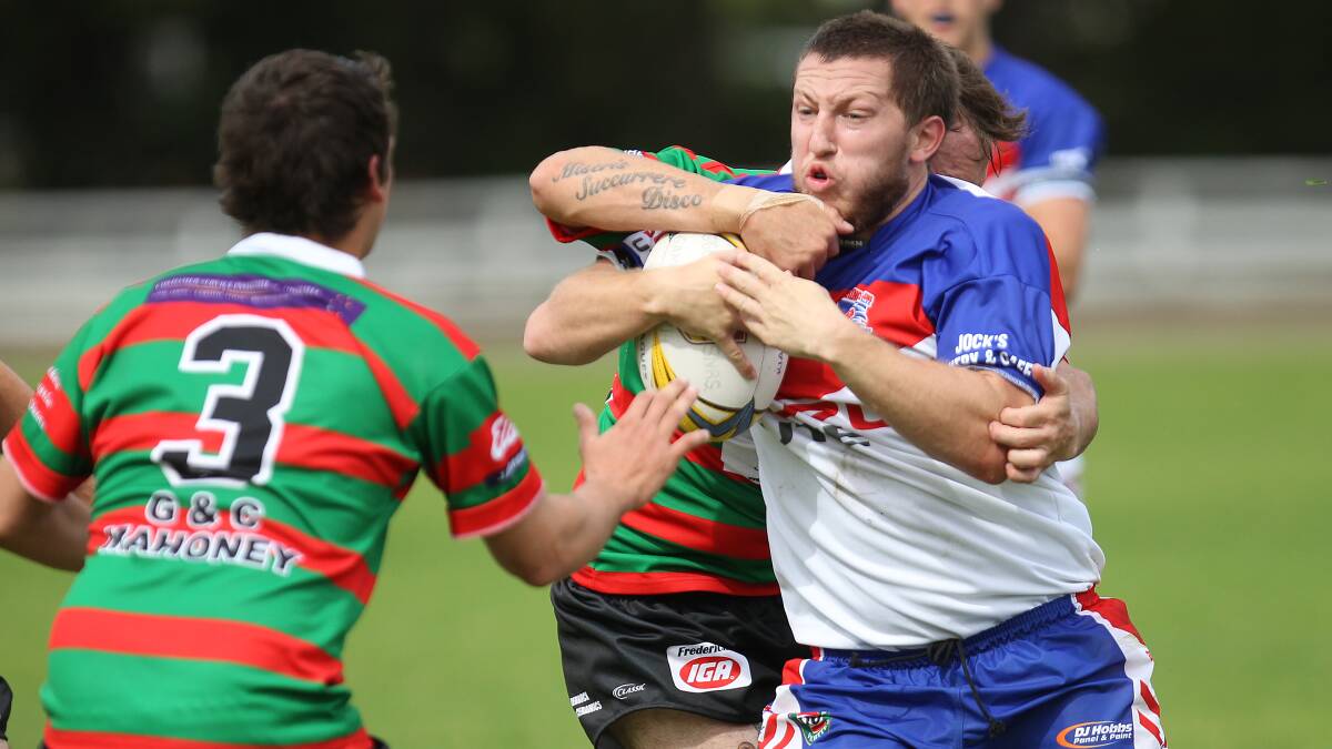 Gerringong third grade second-rower Phil McCarroll charges into the Jamberoo defence. Picture: DAVID HALL 