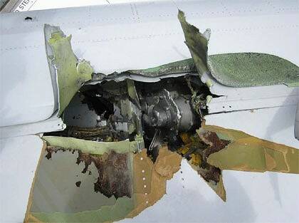 A new photo of the engine damage to Qantas flight QF32, posted on the internet.