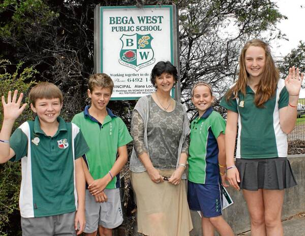 • Farewelling a site, a school and 53 years of history. Retiring Bega West principal Alana Lockerbie with the last captains of Bega West, Jayden Brown (left) and Sarah Lucas (right), and first co-captains of the new Bega Valley Public School, Quinn Fletcher-Barrie and Ellie Parker.
