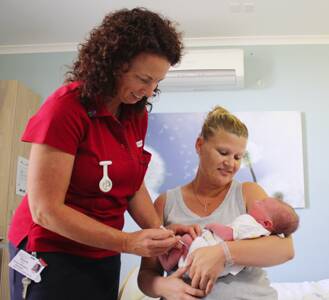 • Bega Hospital maternity unit manager Simone Shaw gives Jenna Taylor’s four-hour-old son his first vaccination.  When he completes the National Immunisation Program at four-years-old, Ms Taylor’s son will be one of the 84 per cent of local children who are fully immunised.