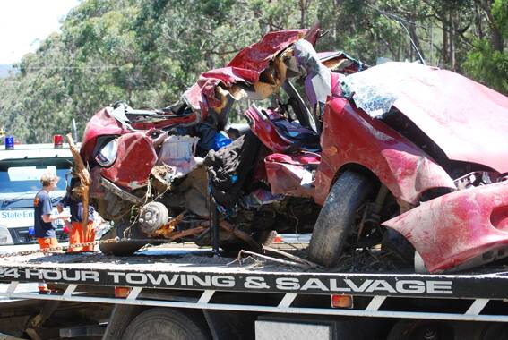 • All that is left of the vehicle in which a Pambula girl died and Bemboka girl Tegan Lloyd lost her legs.