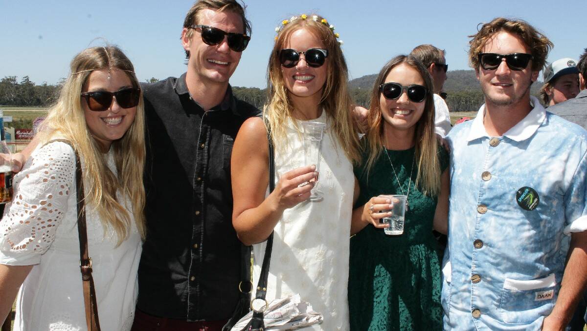 Relaxing at the turf club are (from left) Kara Mack, Blake Mueller, Peta Davies, Ello Russell and Ben Maher.